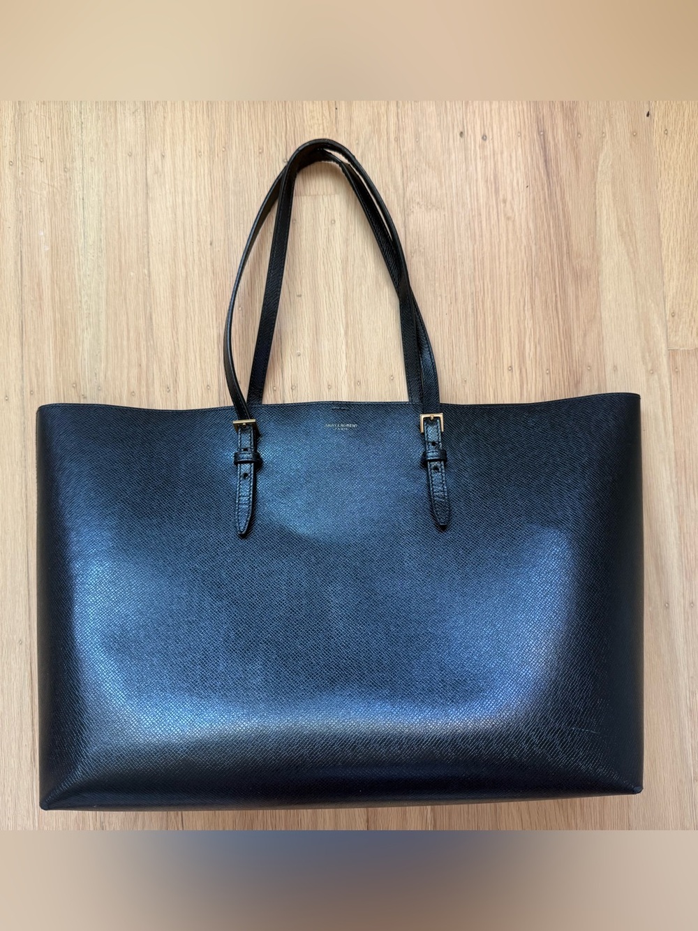 Yves Saint Laurent Black Leather Tote with Gold Buckle Accents